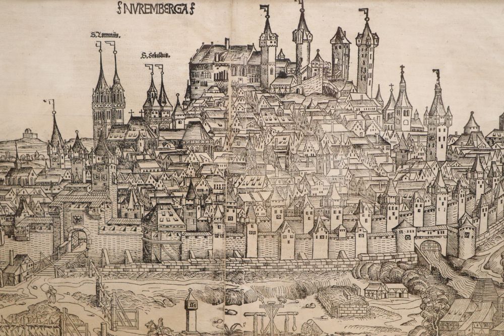 Schedel (Hartmann), Nuremberga, double page woodcut view of the City of Nuremberg from the Nuremberg Chronicle 31 x 52.5cm